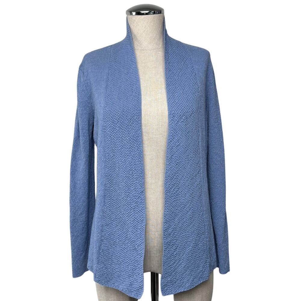 Eileen Fisher Petite 100% Wool Open Blue Cardigan Minimalist Lightweight Layers